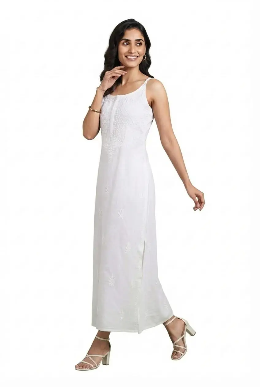 LCF CHIKAN EMBROIDERY GHAS PATTI WORK MODAL SPAGHETTI LONG KURTI - WHITE view 4