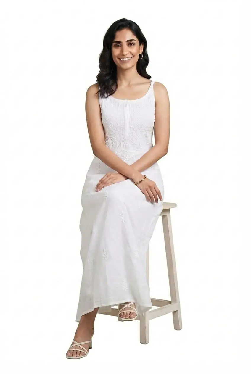 LCF CHIKAN EMBROIDERY GHAS PATTI WORK MODAL SPAGHETTI LONG KURTI - WHITE view 5