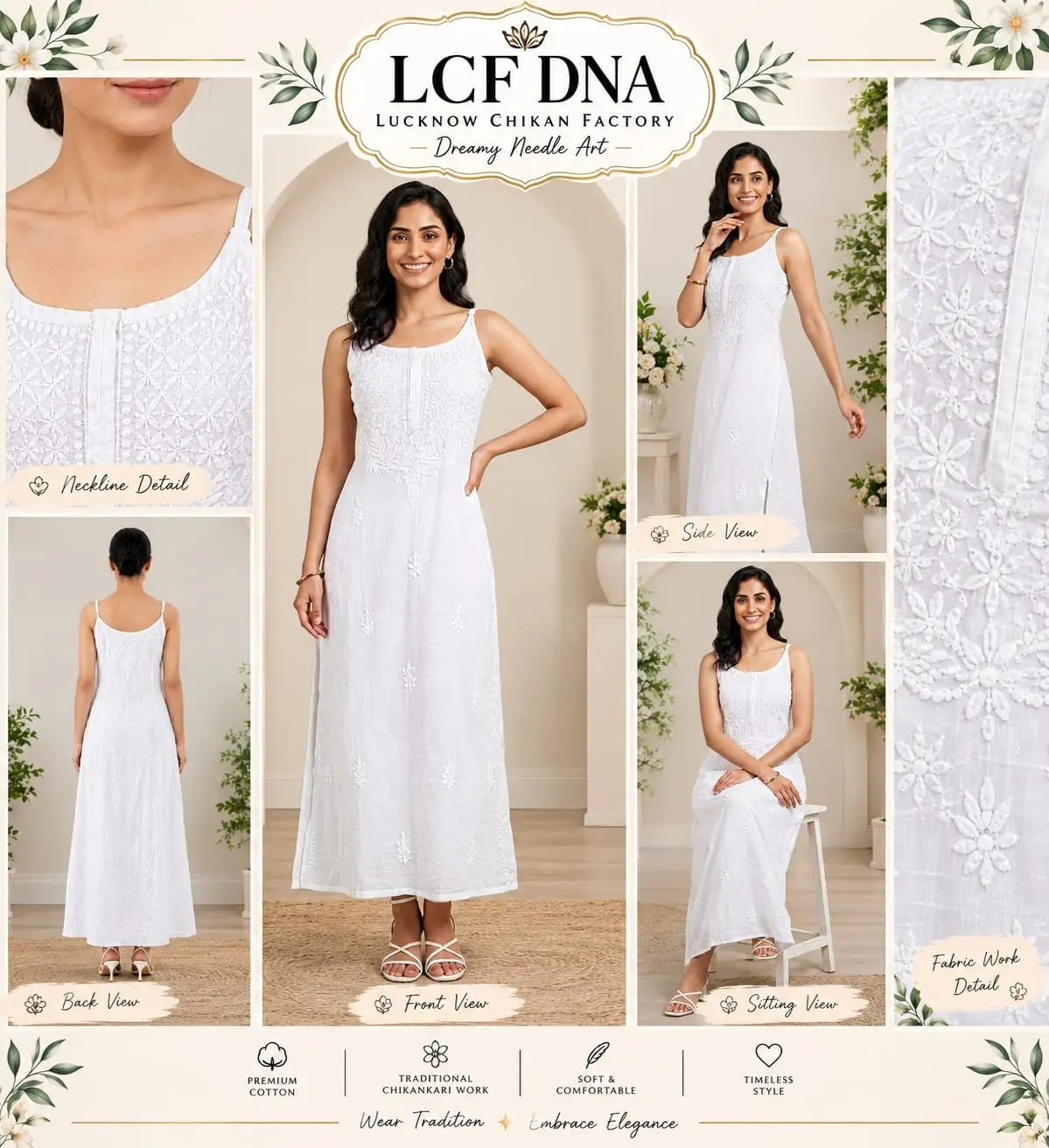 LCF CHIKAN EMBROIDERY GHAS PATTI WORK MODAL SPAGHETTI LONG KURTI - WHITE view 6