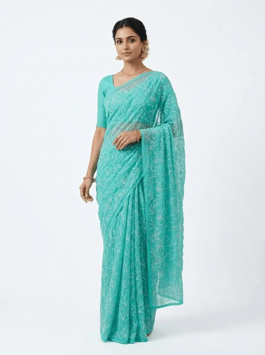 LCF CHIKAN EMBORIDERY TEPCHI WORK CHIFFON SAREE - SEA GREEN