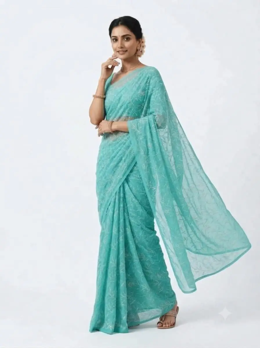LCF CHIKAN EMBORIDERY TEPCHI WORK CHIFFON SAREE - SEA GREEN view 2