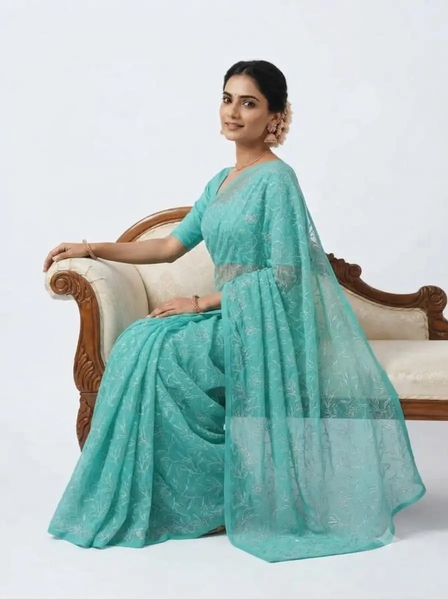LCF CHIKAN EMBORIDERY TEPCHI WORK CHIFFON SAREE - SEA GREEN view 3