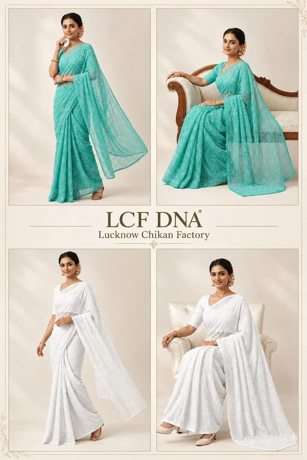 LCF CHIKAN EMBORIDERY TEPCHI WORK CHIFFON SAREE - SEA GREEN view 4