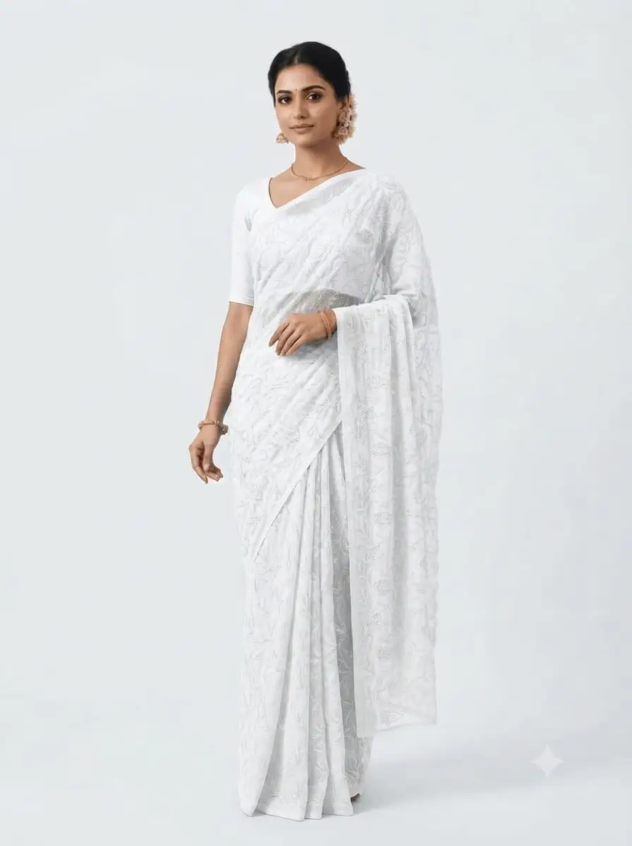 LCF CHIKAN EMBORIDERY TEPCHI WORK CHIFFON SAREE - WHITE