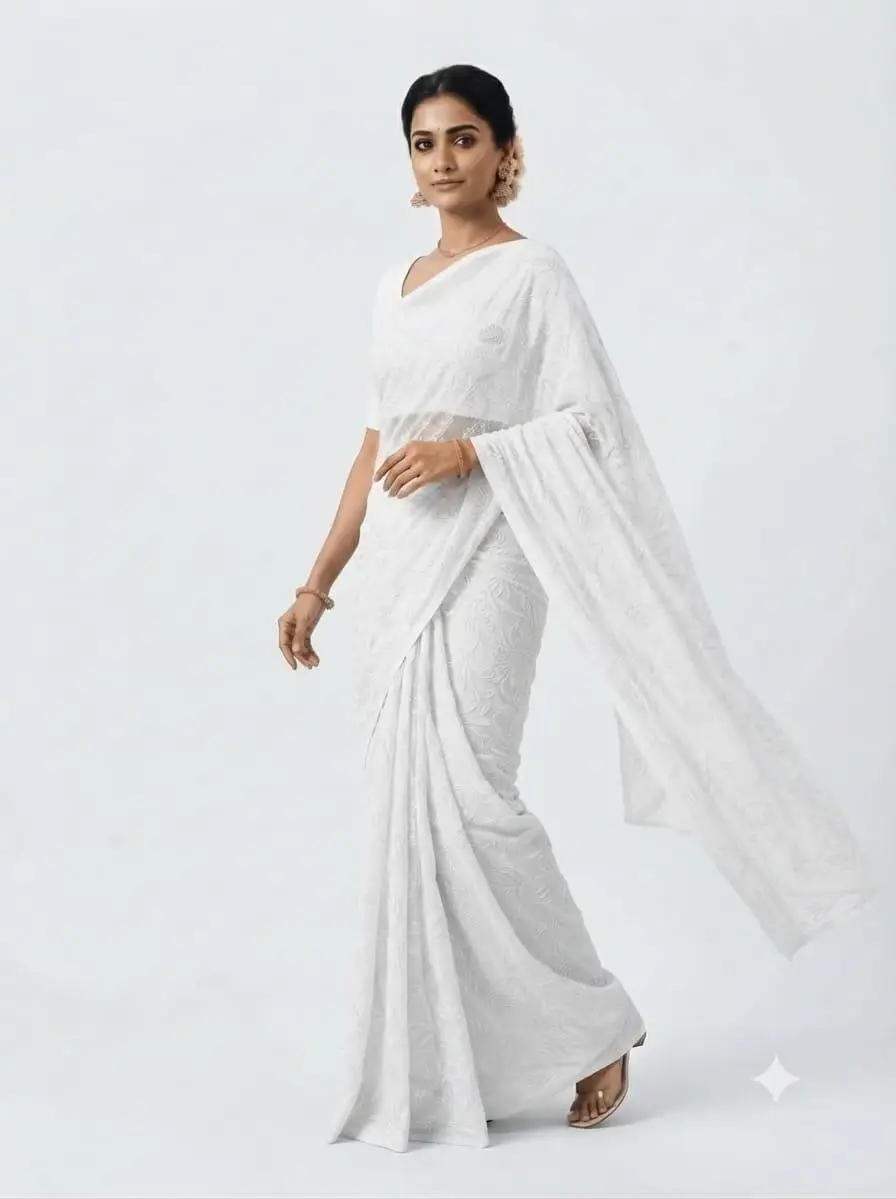 LCF CHIKAN EMBORIDERY TEPCHI WORK CHIFFON SAREE - WHITE view 2