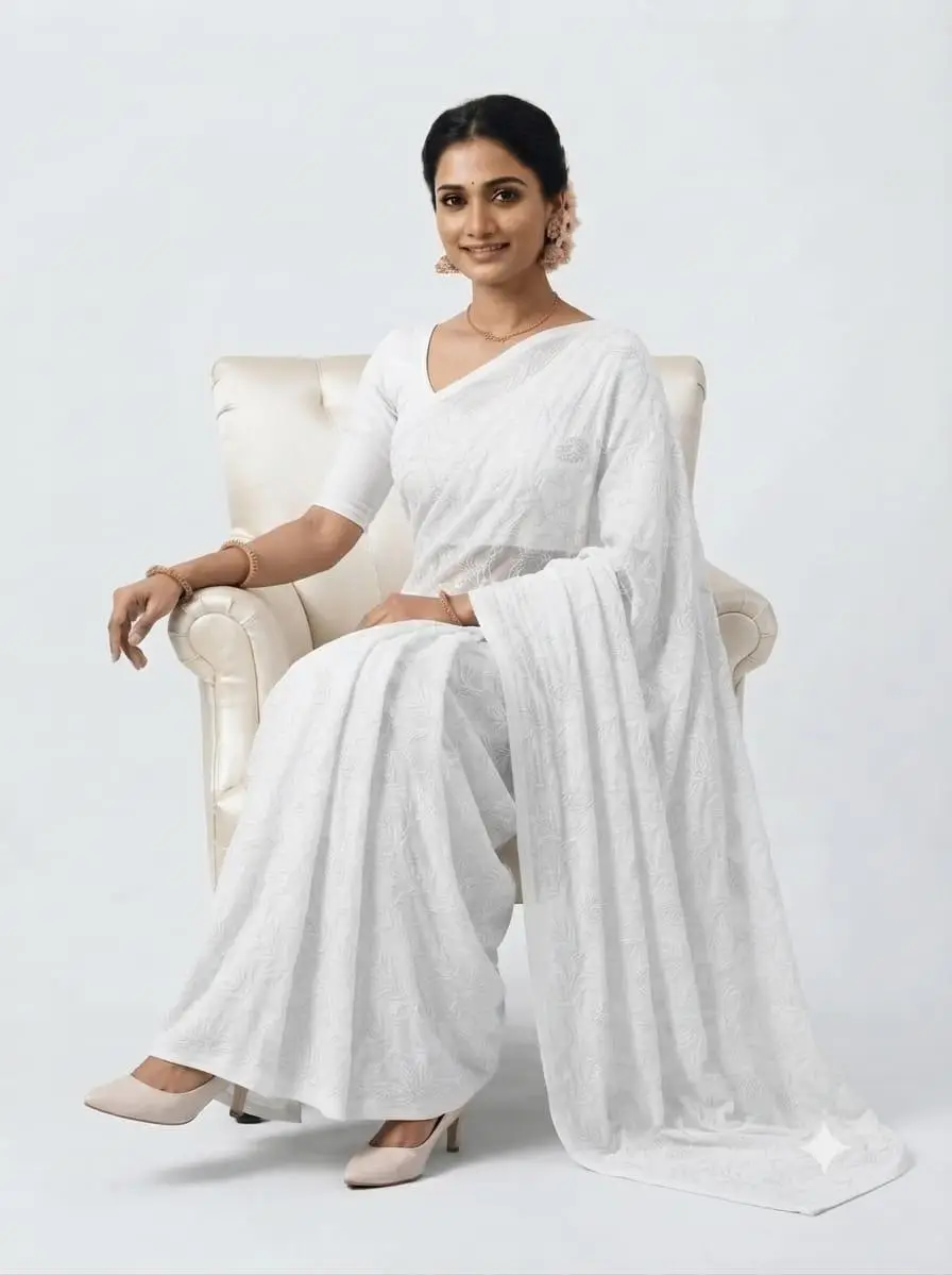 LCF CHIKAN EMBORIDERY TEPCHI WORK CHIFFON SAREE - WHITE view 3