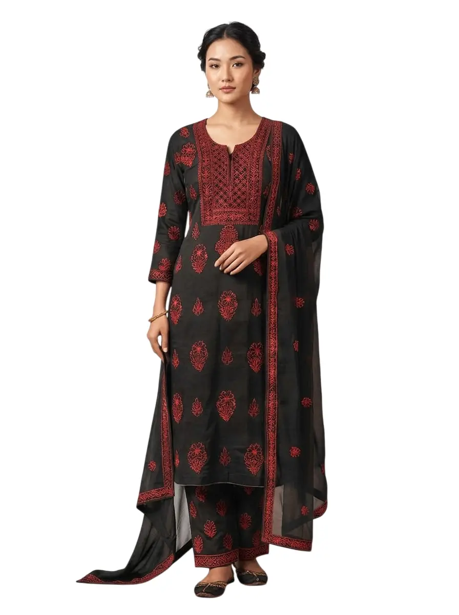 LCF CHIKAN EMBROIDER COTTON UNSTITCHED DRESS MATERIAL KURTI DUPATTA & BOTTOM - BLACK & RED