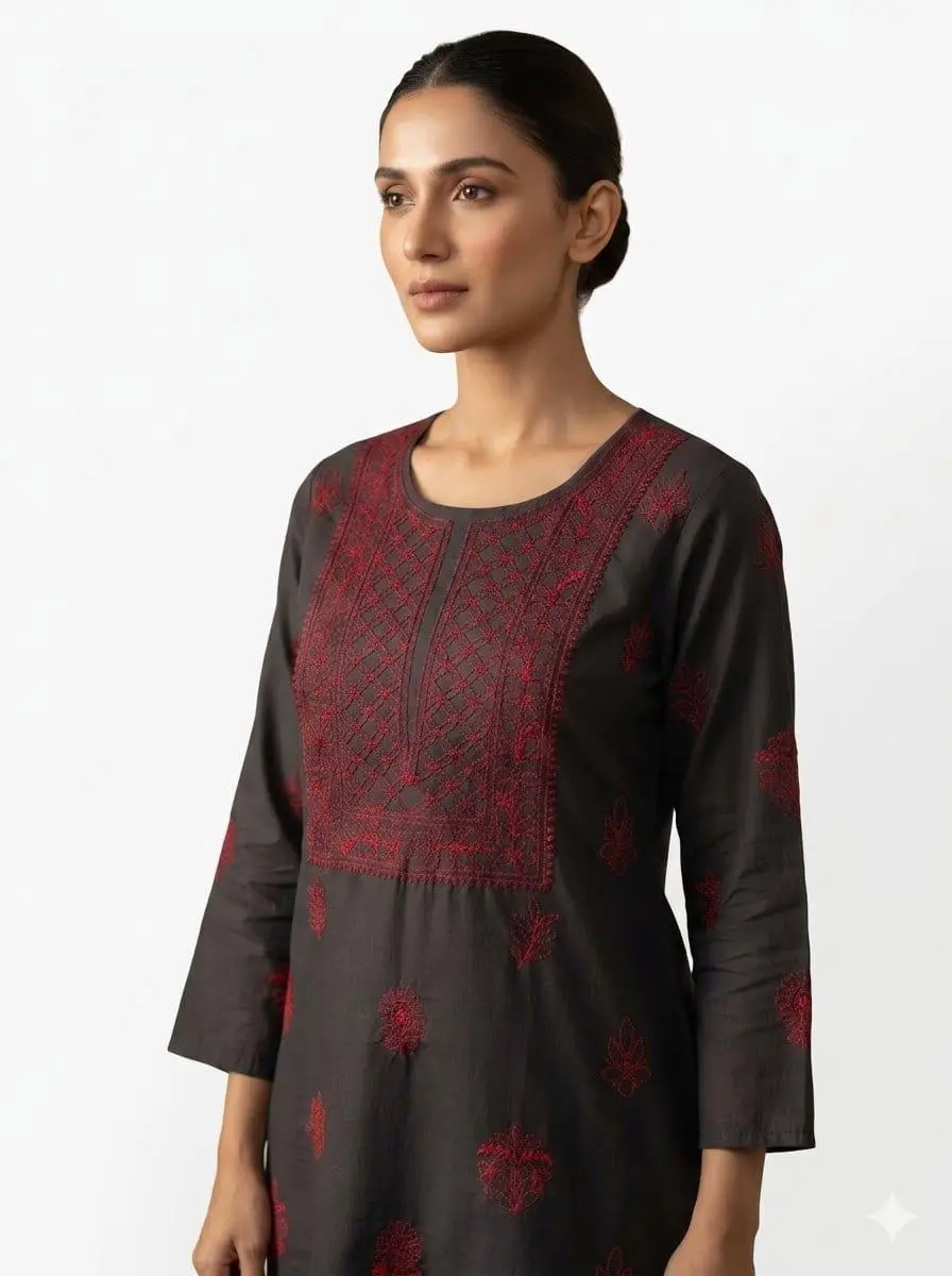 LCF CHIKAN EMBROIDER COTTON UNSTITCHED DRESS MATERIAL KURTI DUPATTA & BOTTOM - BLACK & RED view 2