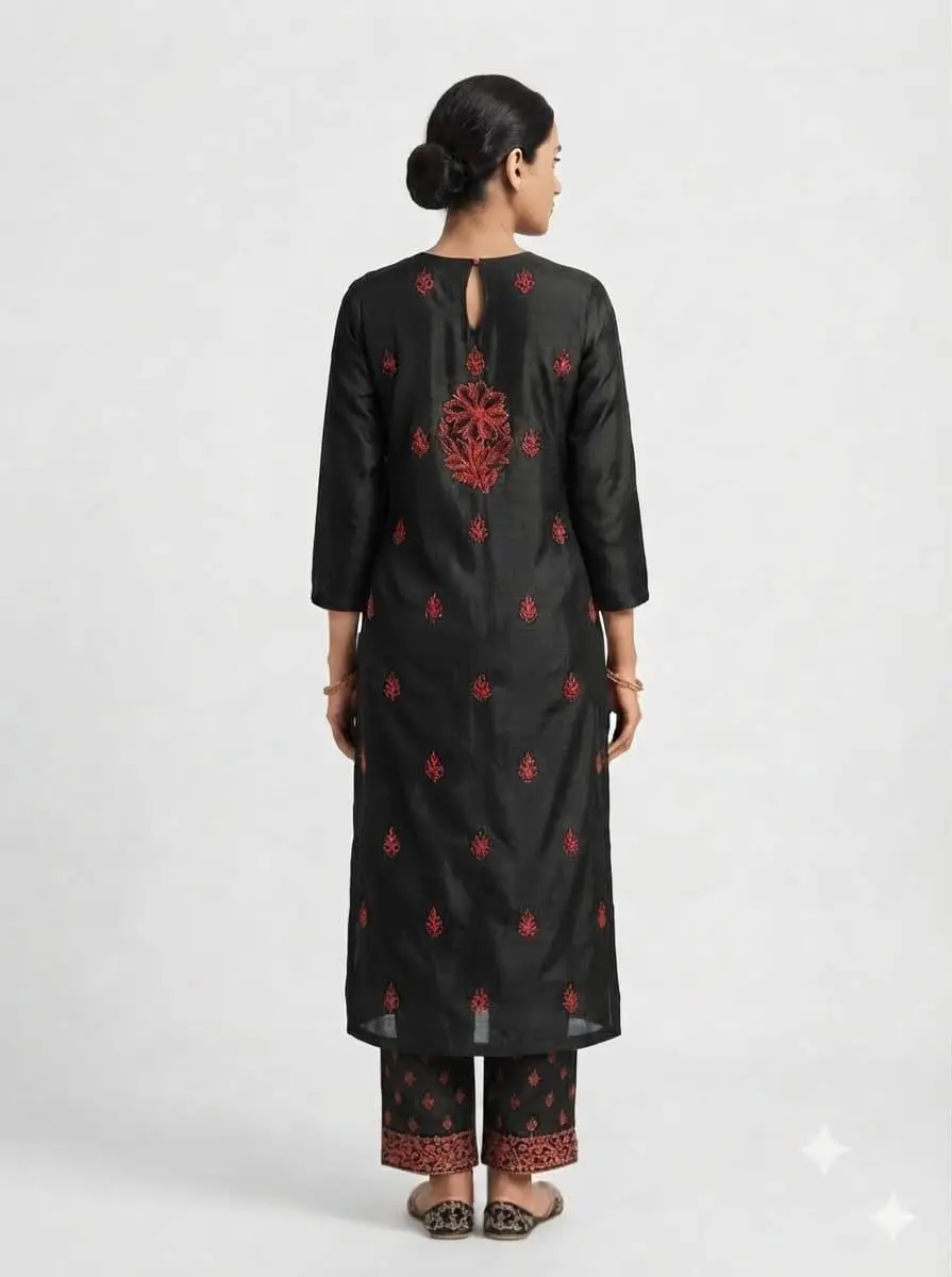 LCF CHIKAN EMBROIDER COTTON UNSTITCHED DRESS MATERIAL KURTI DUPATTA & BOTTOM - BLACK & RED view 3