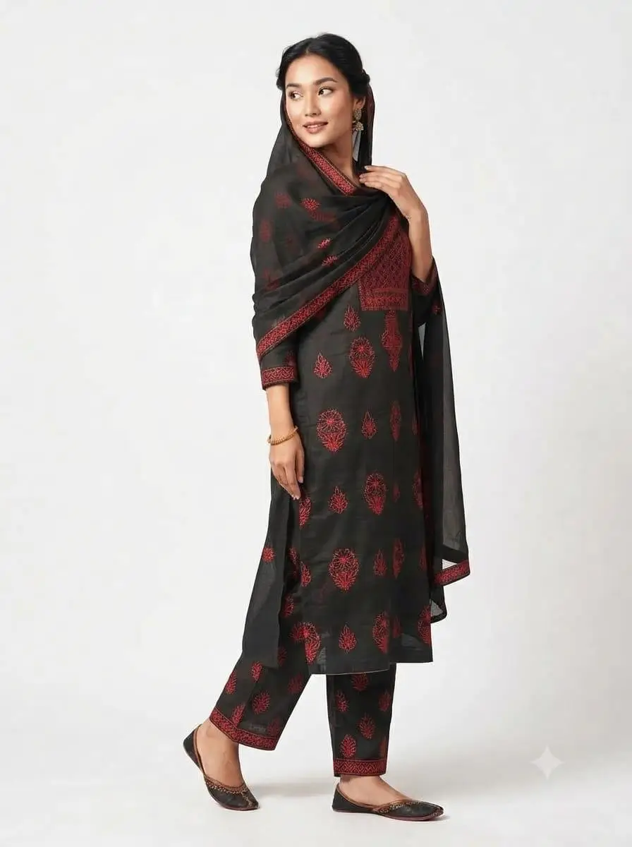LCF CHIKAN EMBROIDER COTTON UNSTITCHED DRESS MATERIAL KURTI DUPATTA & BOTTOM - BLACK & RED view 4