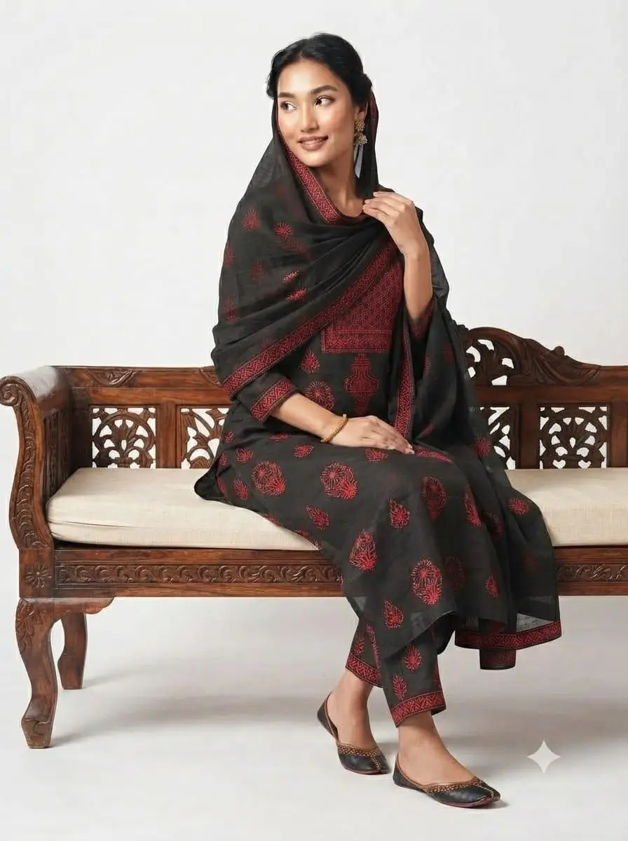 LCF CHIKAN EMBROIDER COTTON UNSTITCHED DRESS MATERIAL KURTI DUPATTA & BOTTOM - BLACK & RED view 5