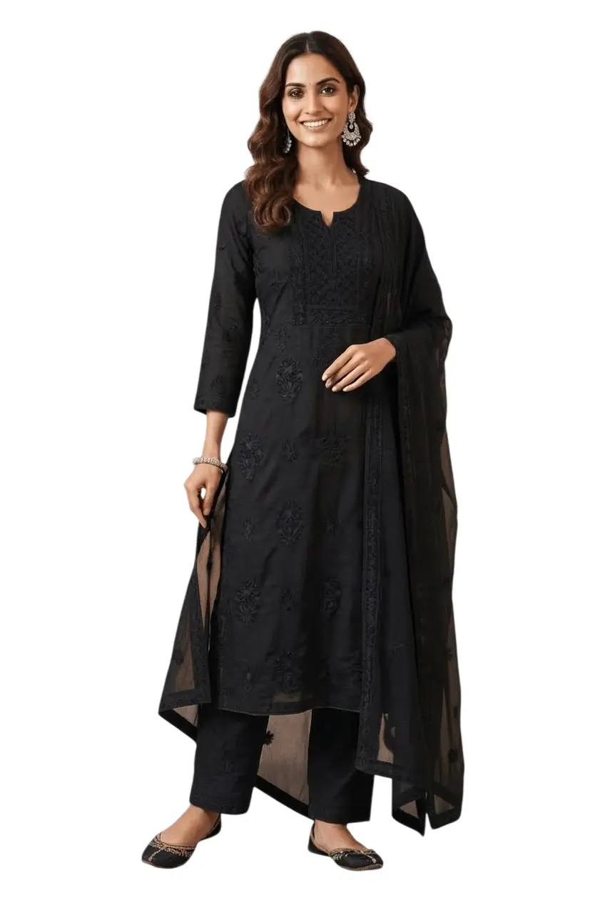 LCF CHIKAN EMBROIDER COTTON UNSTITCHED DRESS MATERIAL KURTI DUPATTA & BOTTOM - BLACK