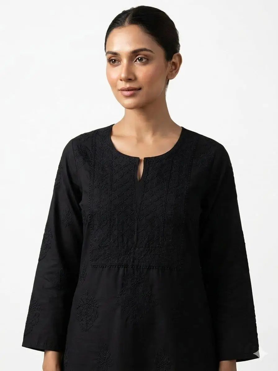 LCF CHIKAN EMBROIDER COTTON UNSTITCHED DRESS MATERIAL KURTI DUPATTA & BOTTOM - BLACK view 2