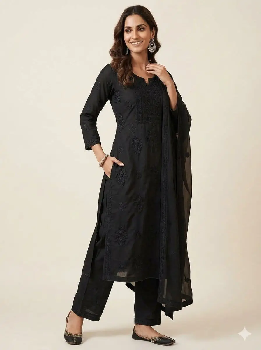 LCF CHIKAN EMBROIDER COTTON UNSTITCHED DRESS MATERIAL KURTI DUPATTA & BOTTOM - BLACK view 3