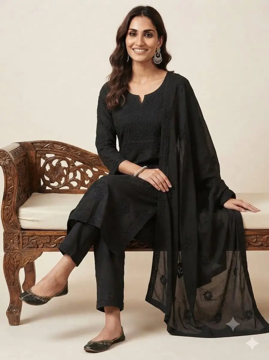 LCF CHIKAN EMBROIDER COTTON UNSTITCHED DRESS MATERIAL KURTI DUPATTA & BOTTOM - BLACK view 4
