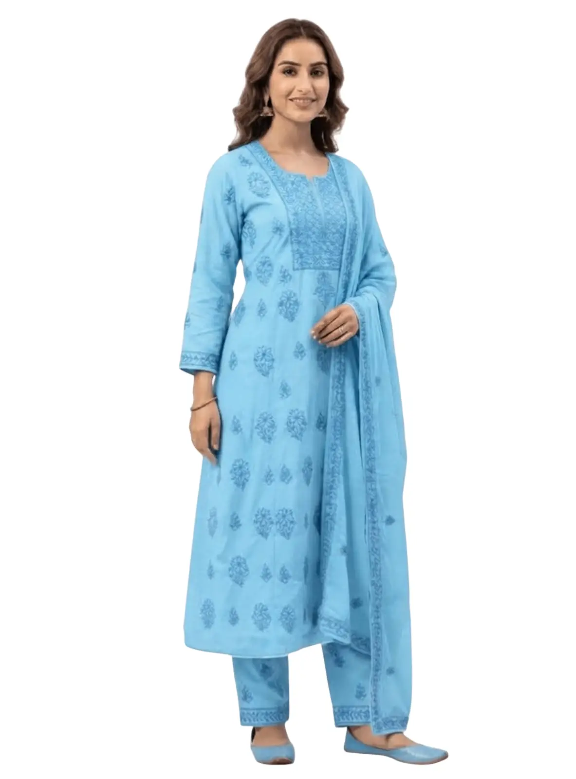 LCF CHIKAN EMBROIDER COTTON UNSTITCHED DRESS MATERIAL KURTI DUPATTA & BOTTOM - BLUE