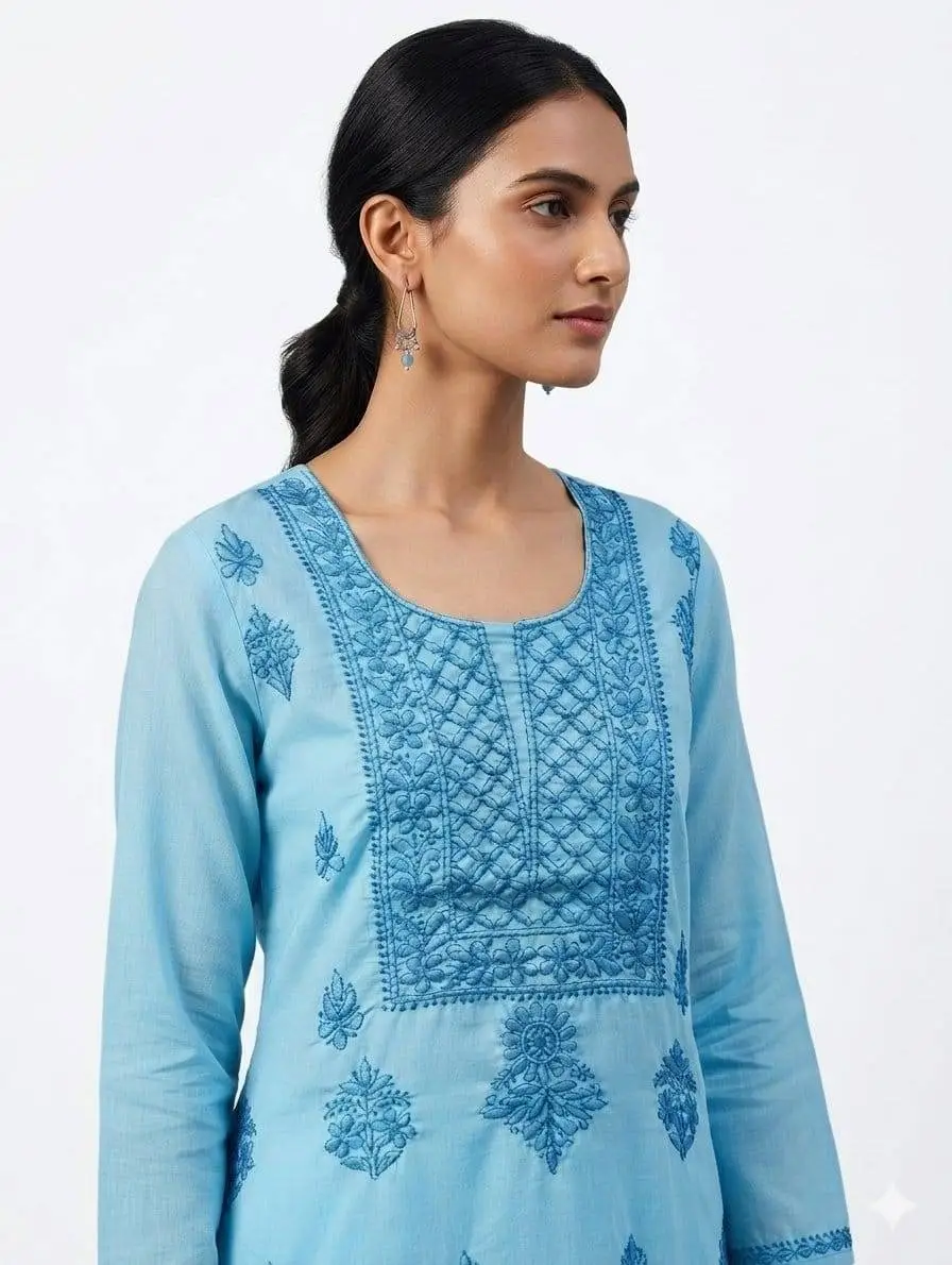 LCF CHIKAN EMBROIDER COTTON UNSTITCHED DRESS MATERIAL KURTI DUPATTA & BOTTOM - BLUE view 2