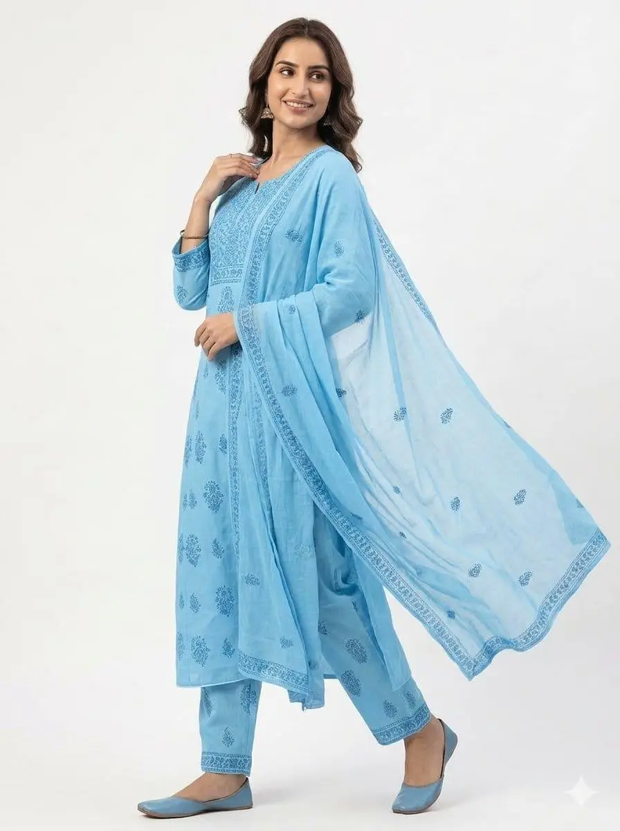 LCF CHIKAN EMBROIDER COTTON UNSTITCHED DRESS MATERIAL KURTI DUPATTA & BOTTOM - BLUE view 3