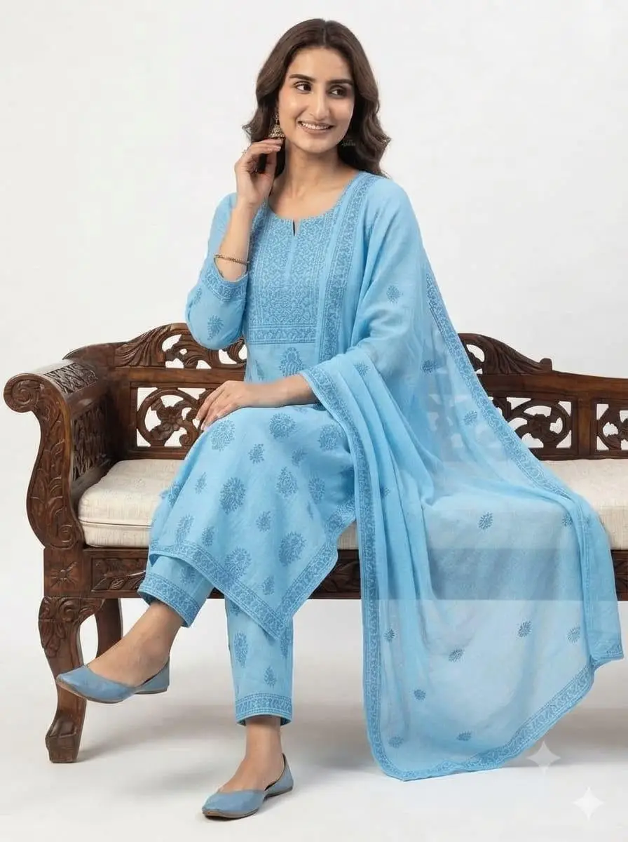 LCF CHIKAN EMBROIDER COTTON UNSTITCHED DRESS MATERIAL KURTI DUPATTA & BOTTOM - BLUE view 4