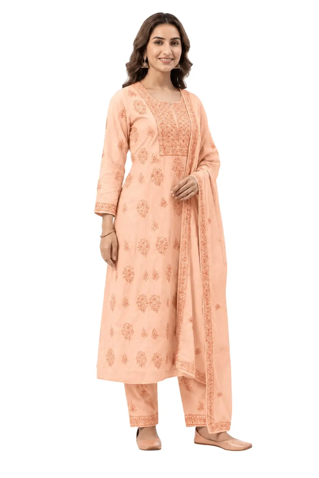LCF CHIKAN EMBROIDER COTTON UNSTITCHED DRESS MATERIAL KURTI DUPATTA & BOTTOM - DARK PEACH