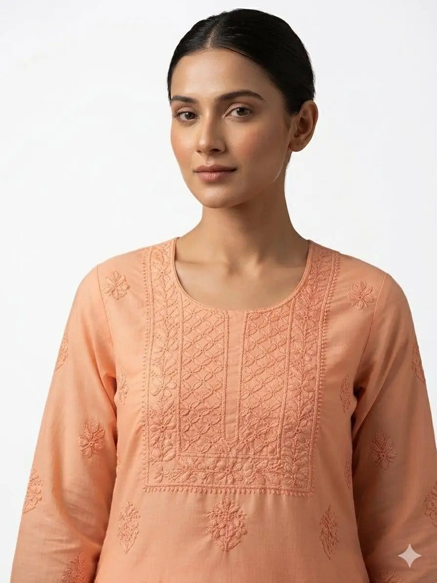 LCF CHIKAN EMBROIDER COTTON UNSTITCHED DRESS MATERIAL KURTI DUPATTA & BOTTOM - DARK PEACH view 2