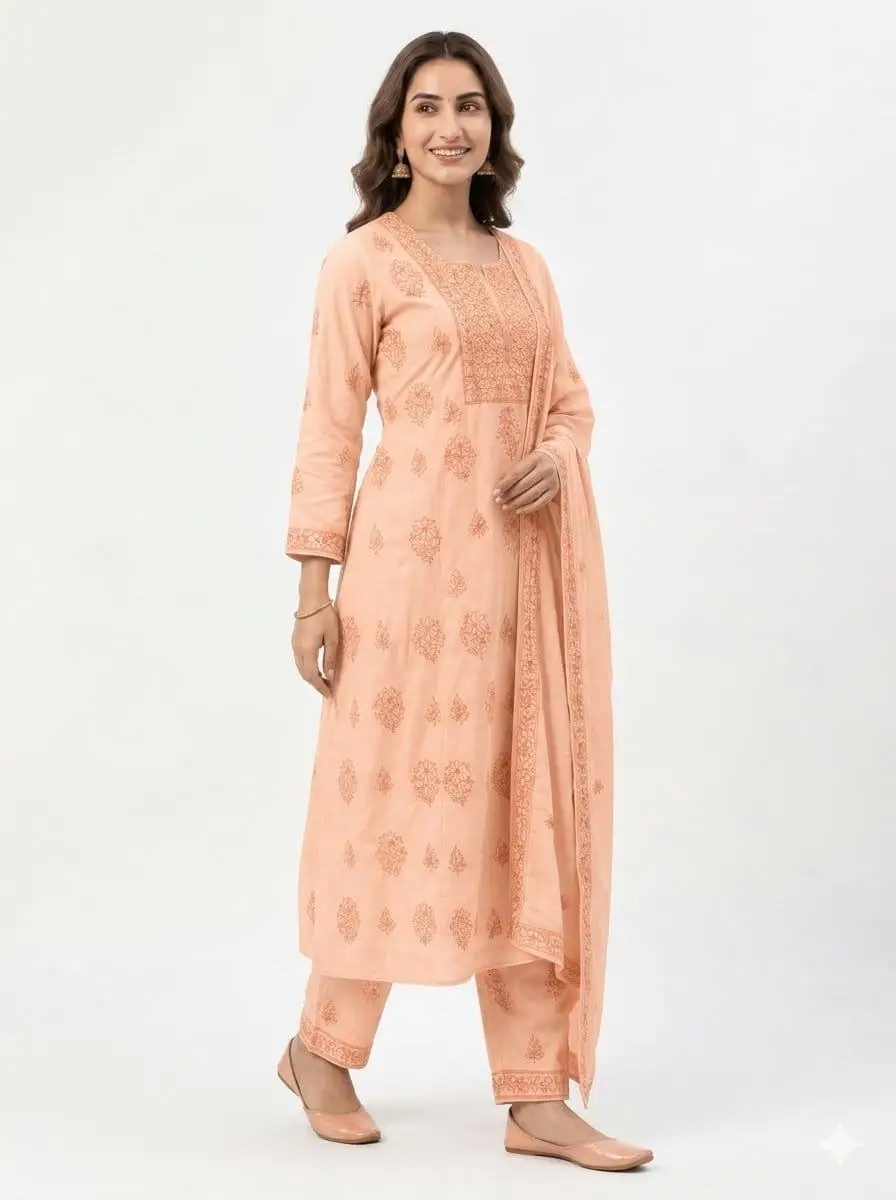 LCF CHIKAN EMBROIDER COTTON UNSTITCHED DRESS MATERIAL KURTI DUPATTA & BOTTOM - DARK PEACH view 3