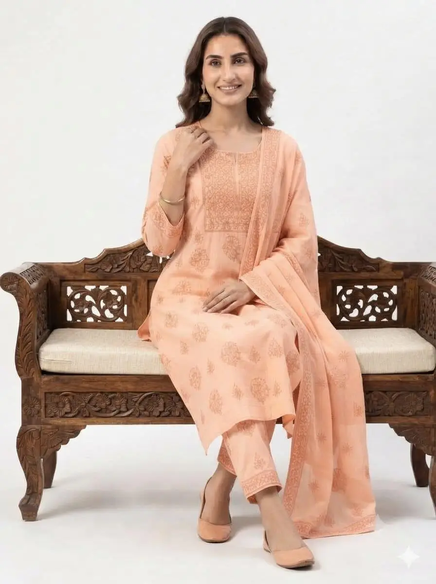 LCF CHIKAN EMBROIDER COTTON UNSTITCHED DRESS MATERIAL KURTI DUPATTA & BOTTOM - DARK PEACH view 4