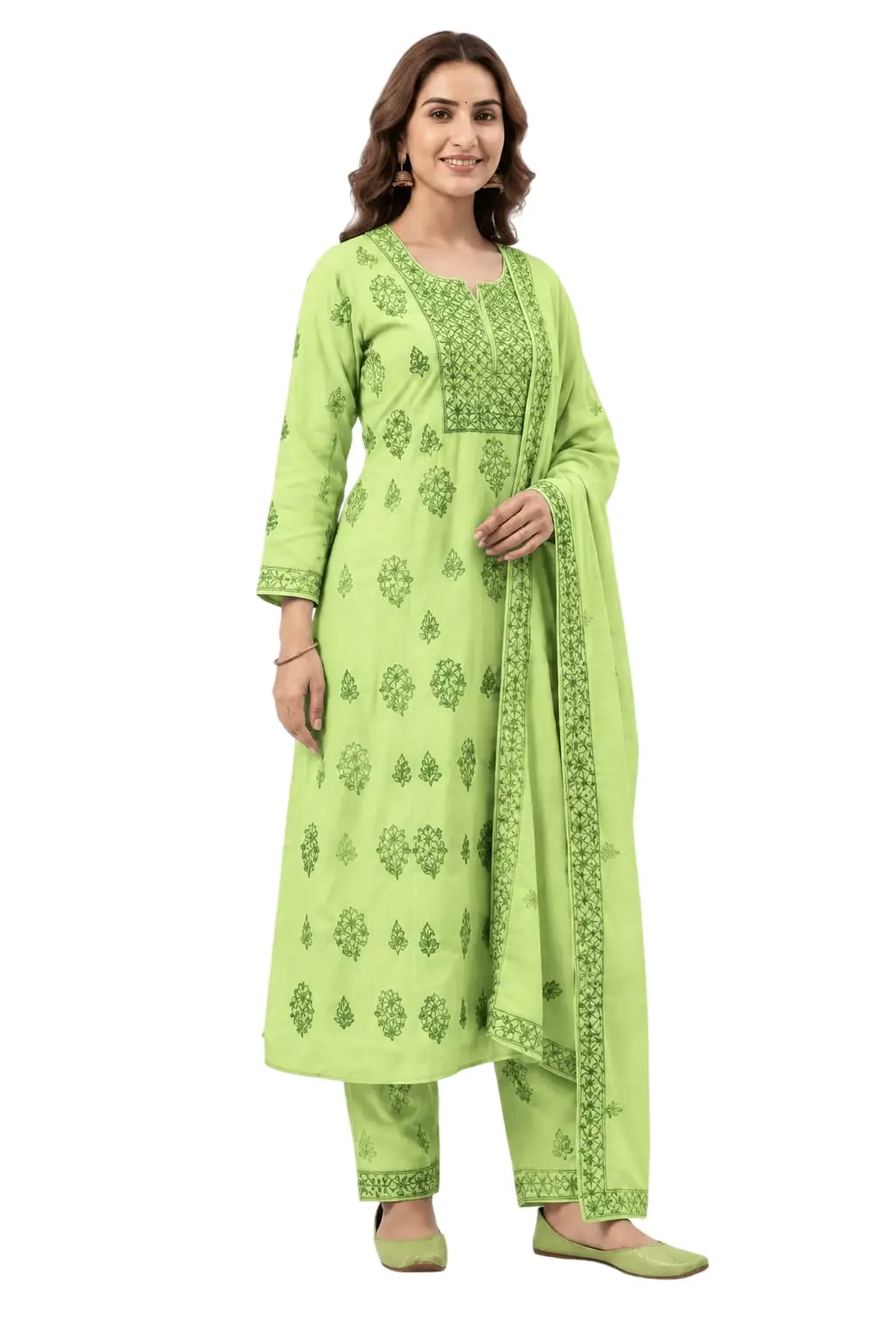 LCF CHIKAN EMBROIDER COTTON UNSTITCHED DRESS MATERIAL KURTI DUPATTA & BOTTOM - PARROT GREEN