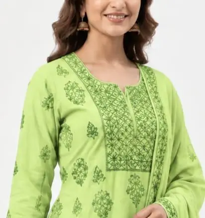 LCF CHIKAN EMBROIDER COTTON UNSTITCHED DRESS MATERIAL KURTI DUPATTA & BOTTOM - PARROT GREEN view 2