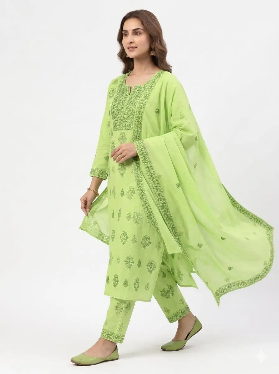 LCF CHIKAN EMBROIDER COTTON UNSTITCHED DRESS MATERIAL KURTI DUPATTA & BOTTOM - PARROT GREEN view 3