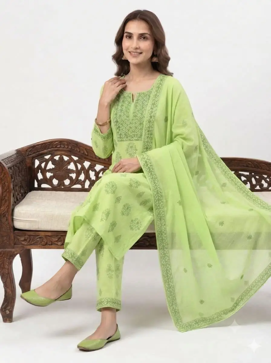 LCF CHIKAN EMBROIDER COTTON UNSTITCHED DRESS MATERIAL KURTI DUPATTA & BOTTOM - PARROT GREEN view 4