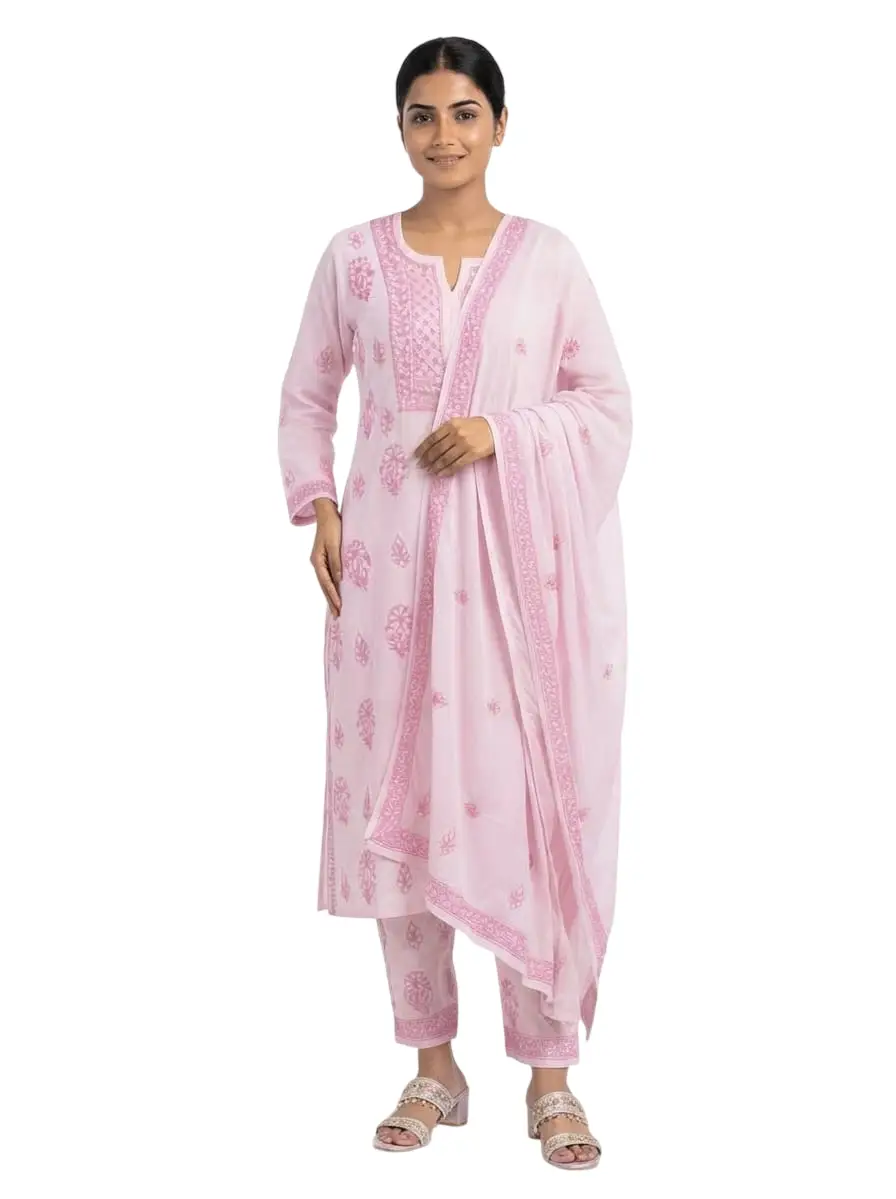 LCF CHIKAN EMBROIDER COTTON UNSTITCHED DRESS MATERIAL KURTI DUPATTA & BOTTOM - BABY PINK