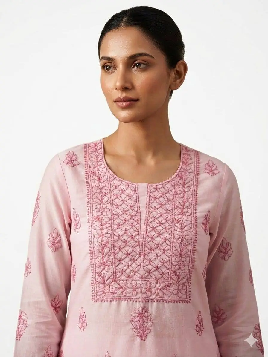 LCF CHIKAN EMBROIDER COTTON UNSTITCHED DRESS MATERIAL KURTI DUPATTA & BOTTOM - BABY PINK view 2