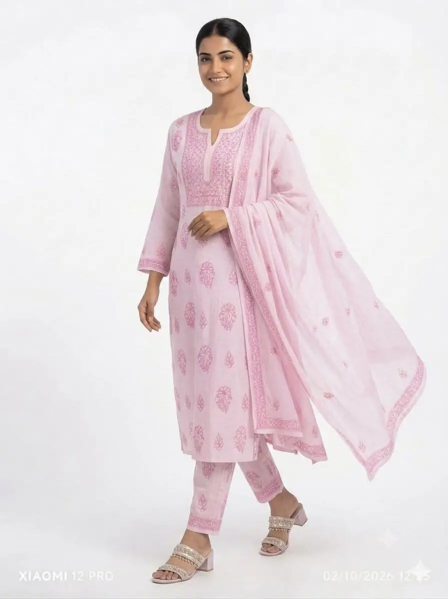 LCF CHIKAN EMBROIDER COTTON UNSTITCHED DRESS MATERIAL KURTI DUPATTA & BOTTOM - BABY PINK view 3