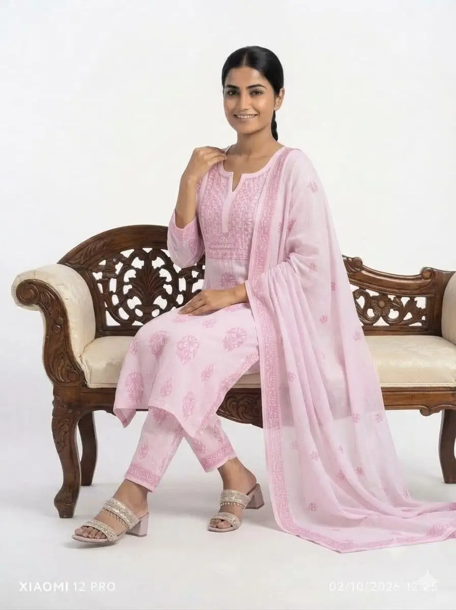 LCF CHIKAN EMBROIDER COTTON UNSTITCHED DRESS MATERIAL KURTI DUPATTA & BOTTOM - BABY PINK view 4