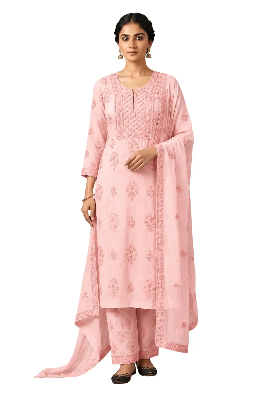 LCF CHIKAN EMBROIDER COTTON UNSTITCHED DRESS MATERIAL KURTI DUPATTA & BOTTOM - PEACH