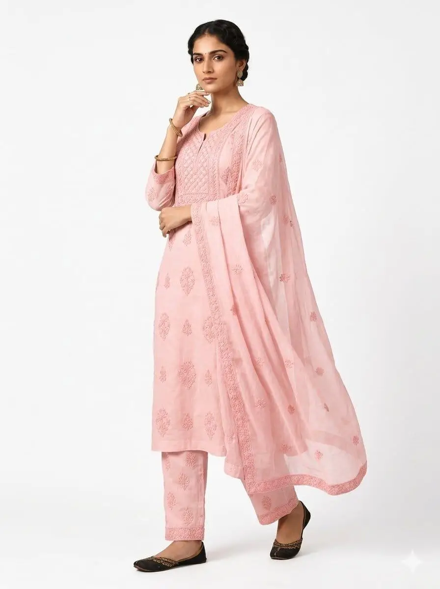 LCF CHIKAN EMBROIDER COTTON UNSTITCHED DRESS MATERIAL KURTI DUPATTA & BOTTOM - PEACH view 2