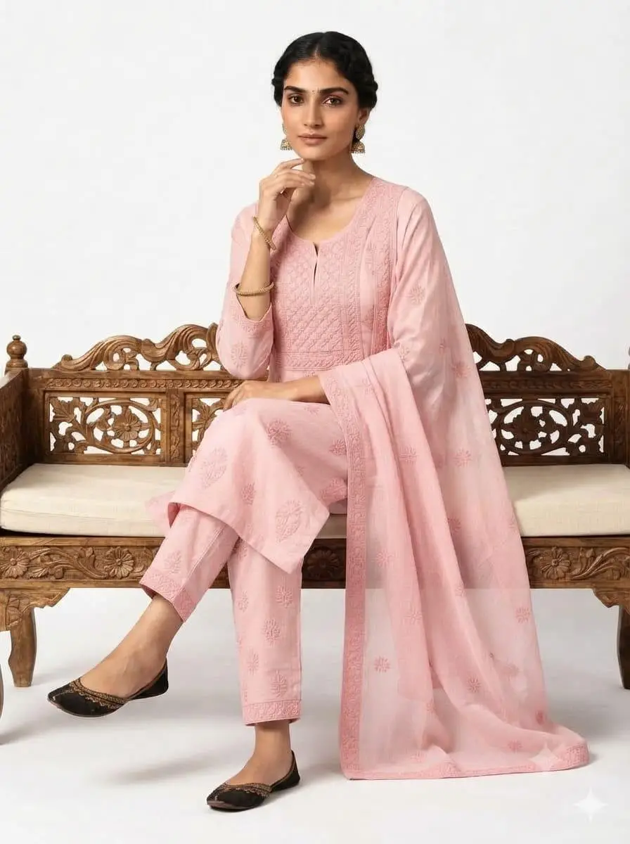 LCF CHIKAN EMBROIDER COTTON UNSTITCHED DRESS MATERIAL KURTI DUPATTA & BOTTOM - PEACH view 3