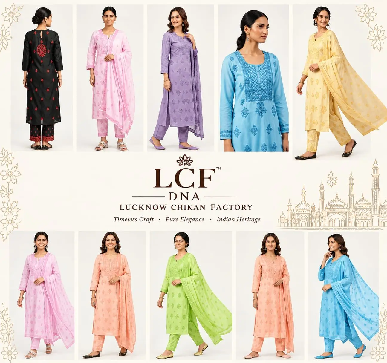LCF CHIKAN EMBROIDER COTTON UNSTITCHED DRESS MATERIAL KURTI DUPATTA & BOTTOM - PEACH view 4