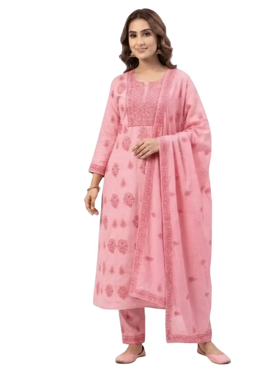LCF CHIKAN EMBROIDER COTTON UNSTITCHED DRESS MATERIAL KURTI DUPATTA & BOTTOM - PINK