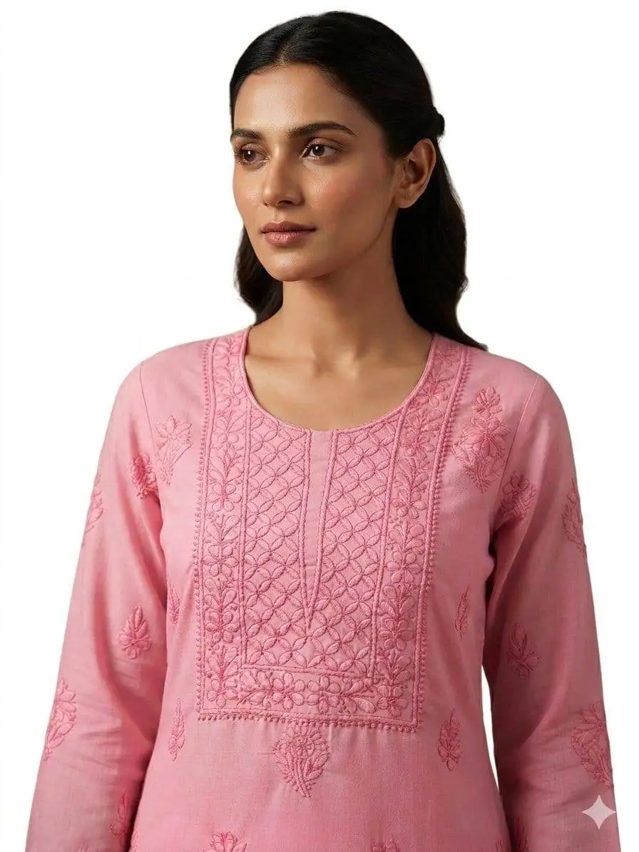 LCF CHIKAN EMBROIDER COTTON UNSTITCHED DRESS MATERIAL KURTI DUPATTA & BOTTOM - PINK view 2
