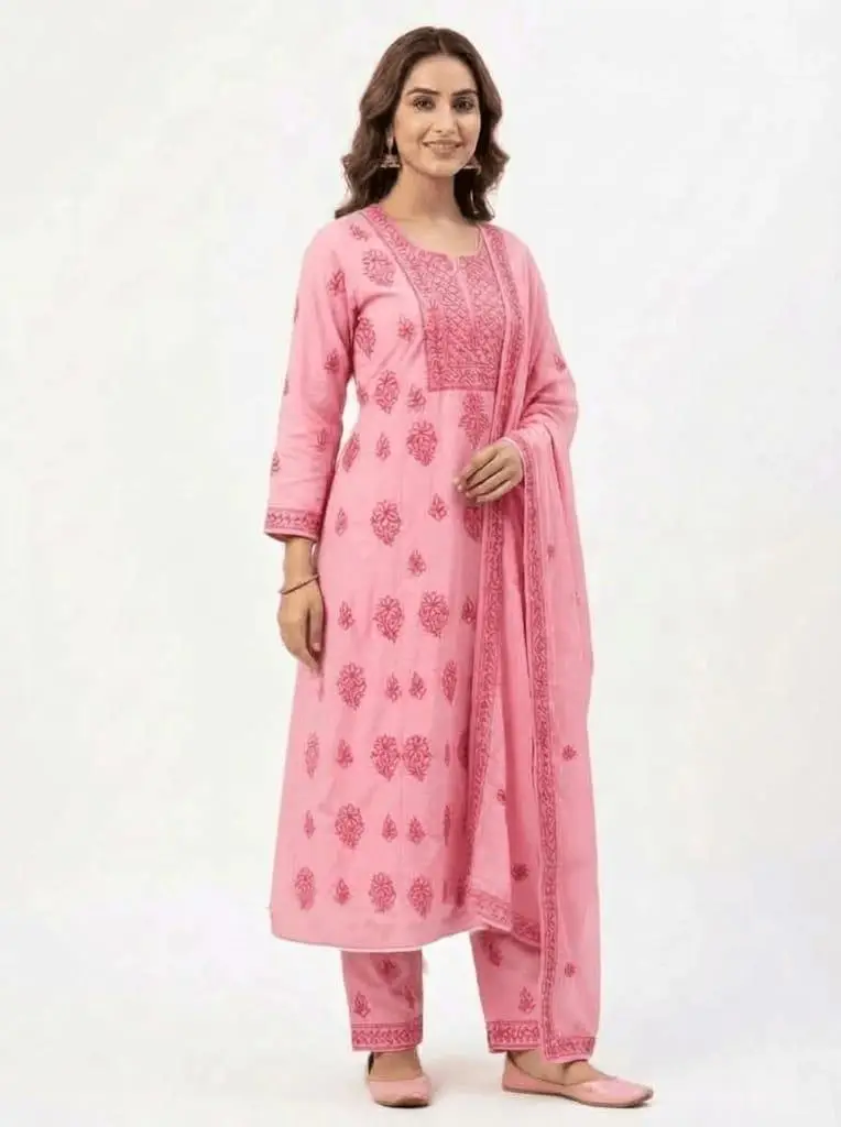 LCF CHIKAN EMBROIDER COTTON UNSTITCHED DRESS MATERIAL KURTI DUPATTA & BOTTOM - PINK view 3