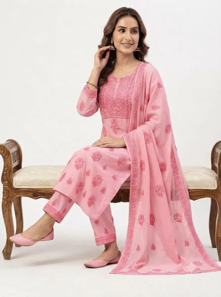 LCF CHIKAN EMBROIDER COTTON UNSTITCHED DRESS MATERIAL KURTI DUPATTA & BOTTOM - PINK view 4