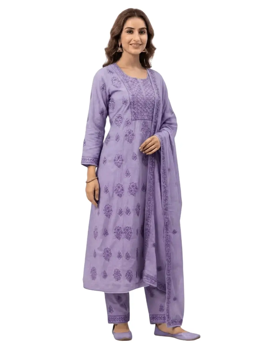 LCF CHIKAN EMBROIDER COTTON UNSTITCHED DRESS MATERIAL KURTI DUPATTA & BOTTOM - PURPLE