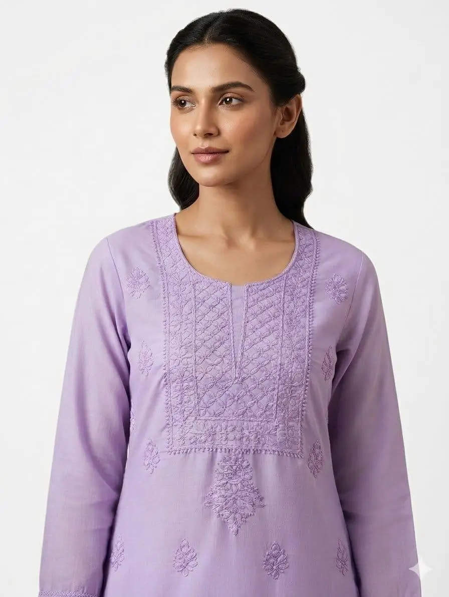 LCF CHIKAN EMBROIDER COTTON UNSTITCHED DRESS MATERIAL KURTI DUPATTA & BOTTOM - PURPLE view 2