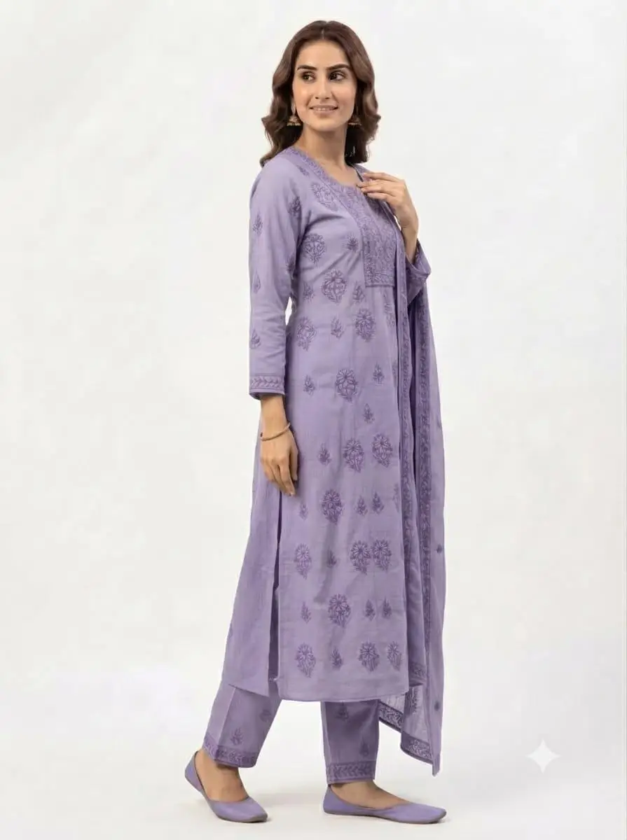 LCF CHIKAN EMBROIDER COTTON UNSTITCHED DRESS MATERIAL KURTI DUPATTA & BOTTOM - PURPLE view 3