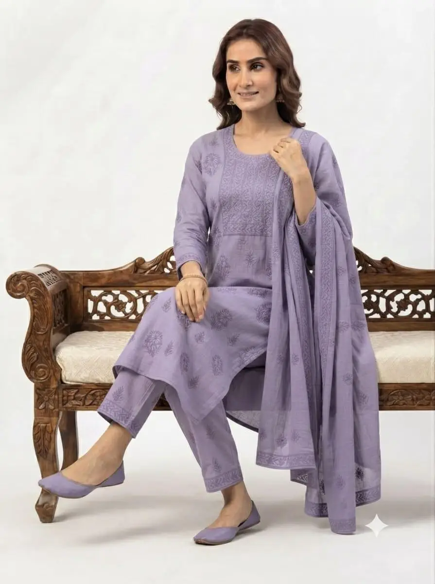 LCF CHIKAN EMBROIDER COTTON UNSTITCHED DRESS MATERIAL KURTI DUPATTA & BOTTOM - PURPLE view 4