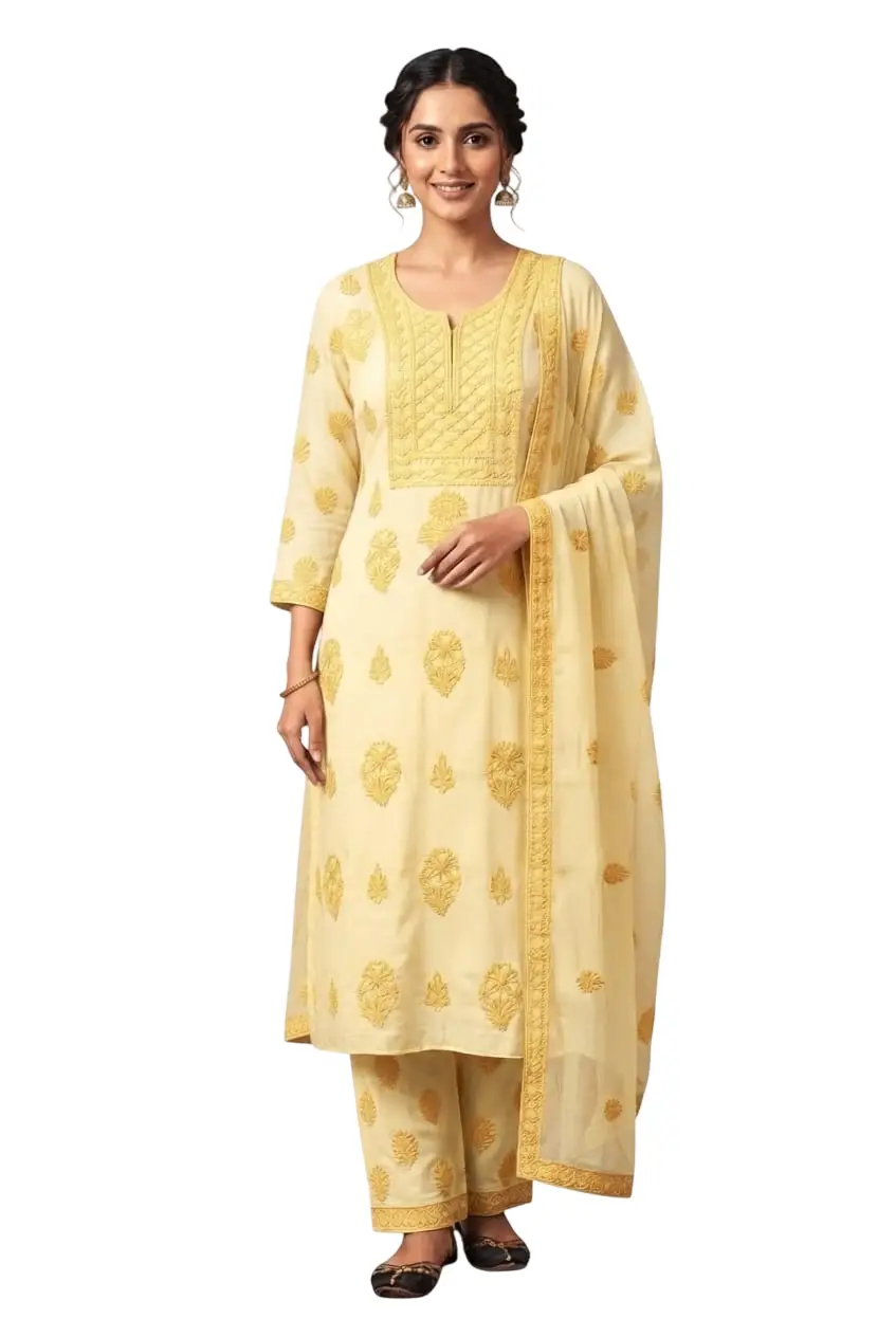 LCF CHIKAN EMBROIDER COTTON UNSTITCHED DRESS MATERIAL KURTI DUPATTA & BOTTOM - YELLOW