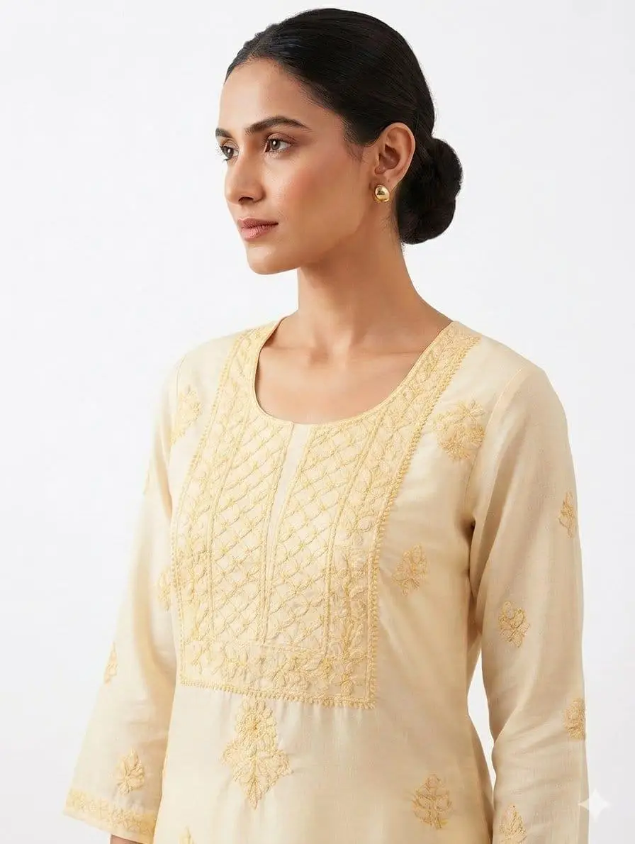 LCF CHIKAN EMBROIDER COTTON UNSTITCHED DRESS MATERIAL KURTI DUPATTA & BOTTOM - YELLOW view 2