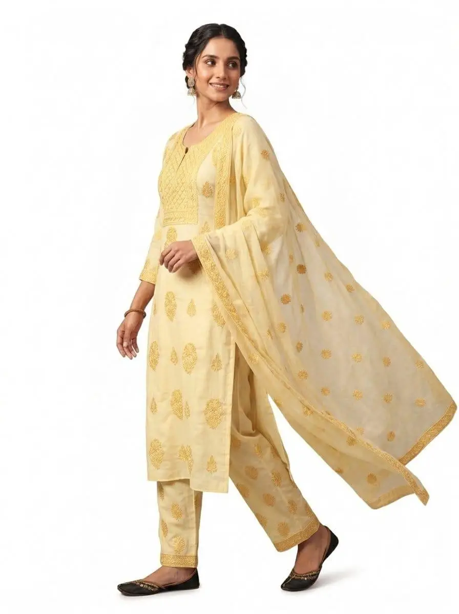LCF CHIKAN EMBROIDER COTTON UNSTITCHED DRESS MATERIAL KURTI DUPATTA & BOTTOM - YELLOW view 3